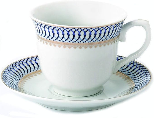 World Gifts Elegant Durable and Colorful Porcelain Tea-Coffee Cups and Saucers Set - Blue and Gold, 8 oz. Set of 4