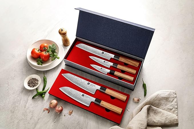 XINZUO 5 Pieces Kitchen Knife Set without Block, Hand Forged 67 Layers Damascus Steel Professional Chef Knife Set,Ultra Sharp,Olive Wood Octagonal Handle