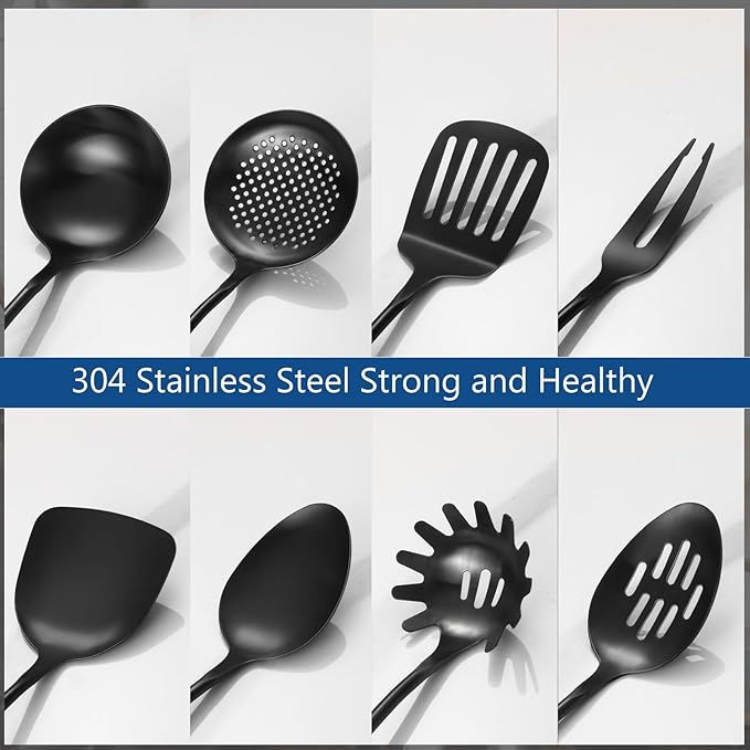 304 Stainless Steel Kitchen Utensils Set, 8 Pcs Long Cooking Utensils Set with Wooden Handle, Large Heat Resistant Kitchen Tools(Black, Dishwasher Safe)