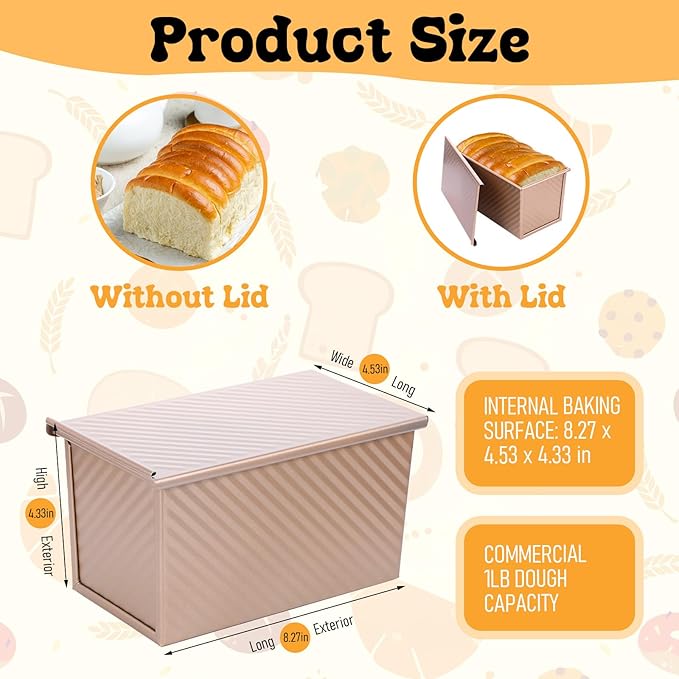 2 Pcs Pullman Loaf Pan with Lid, Non-Stick Rose Gold Bread Loaf Pans for Homemade Bread 1 lb Carbon Steel Bread Toast Box with Cover for Bakeware Bread Toast Oven Baking