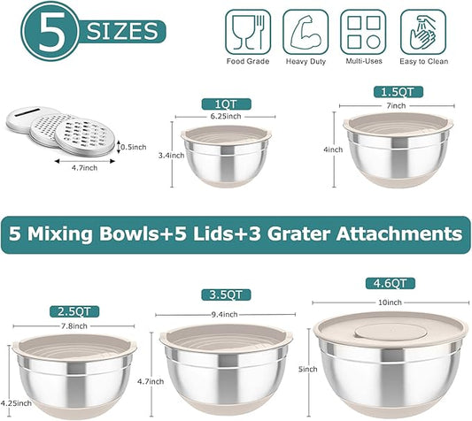 TeamFar Mixing Bowls, 5PCS Stainless Steel Nesting Salad Bowl with Lid & 3 Grater Attachments, for Prepping/Serving/Storing Food, Nontoxic, Airtight Lid & Non-slip Bottom - 4.6/3.5/2.5/1.5/1 QT