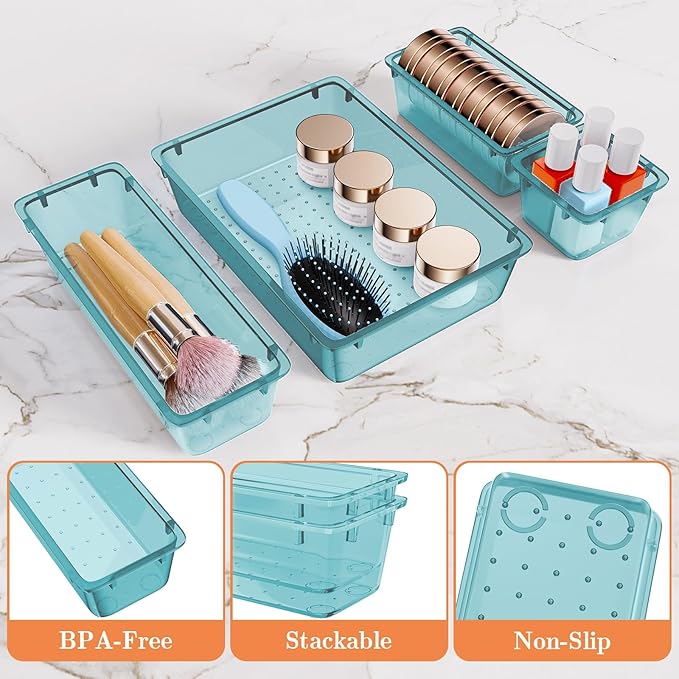 25 PCS Plastic Drawer Organizer Set, 4-Size Versatile Organizer Trays & storage Bins for Makeup, Jewelry, and Gadgets in Bathroom, Bedroom and Office, Sea Blue