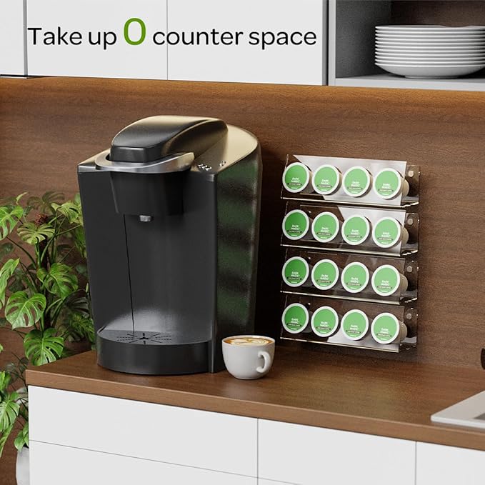 K Cup Holders, Acrylic Coffee Pods Organizer Stand Magnetic & Self-Adhesive for Kitchen Wall, Cabinet, Fridge (4 Pack for 16 Pods)