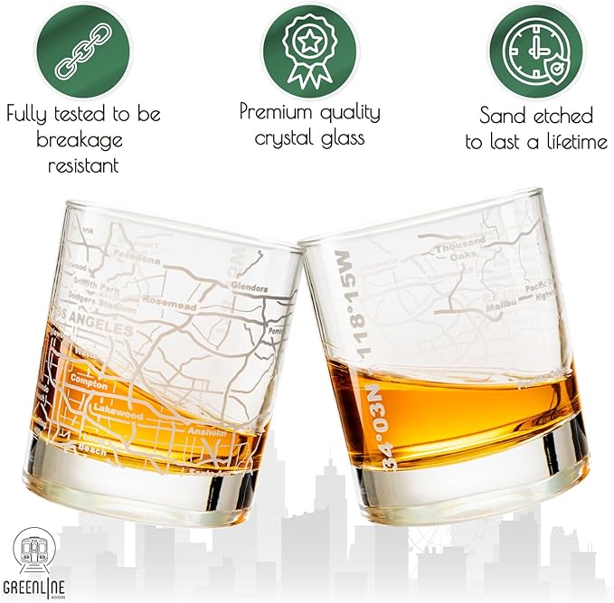 Greenline Goods Whiskey Glasses - 10 Oz Tumbler Gift Set for Los Angeles lovers, Etched with Los Angeles Map | Old Fashioned Rocks Glass - Set of 2