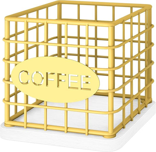Coffee Pod Holder Organizer, Large Capacity Coffee Pod Basket for K Cup, Coffee Capsule Storage Basket with Wooden Base, for Kitchen Countertop, Gold and White KH10DW