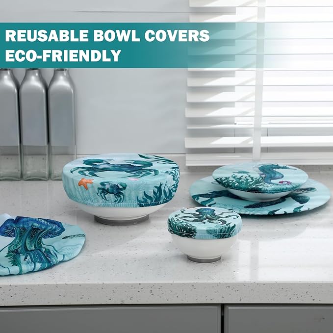 Patelai 10 Pcs Bowl Covers Reusable in 5 Size Stretch Cloth Fabric Elastic Food Storage Bowl Covers Bread Sourdough Lids for Proofing Food Fruits Leftover(Ocean)