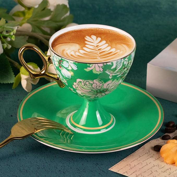 KAMMAK Ceramic Coffee Cups and Saucers Set of 2, Porcelain Espresso Cups with Saucers, 7.7oz Handcrafted Floral Vintage Petite Stem Tea Cups Drinkware Set for Party, Holiday Gifting, Home Decor, Gift