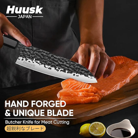 Huusk Japanese Santoku Chef Knife - 7" Hand Forged Knives, 3 Layers 9CR18MOV High Carbon Kitchen Knife, Professional Sharp Chopping Knife with Ergonomic Handle for Meat, Vegetables, Fish