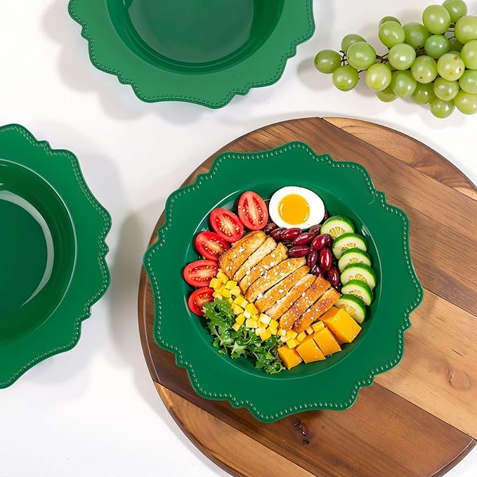 COLOSUS 60 Pack Green White Plastic Bowls, 12 oz Disposable Soup Bowls, Premium Plastic Dinner Bowls,Heavy-duty Dessert Salad Bowl for Party, Wedding, Dinner, Christmas, Thanksgiving, and Catering