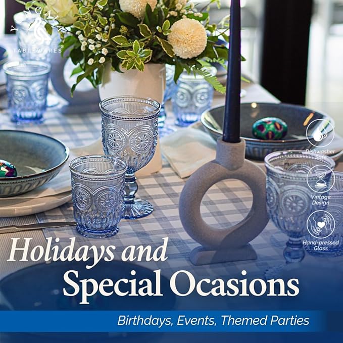 Yungala Blue Wine Glasses - Set of 6 Glass Goblets, 10oz - Dishwasher-Safe Handcrafted Stemmed Blue Vintage Glassware vintage wine glasses or water goblets or for those who love blue drinking glasses