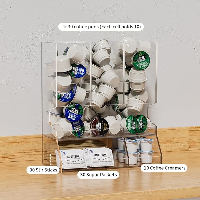 AITEE Clear Acrylic Coffee Pod Holder Dispenser for K Cups, 30-Capacity 3-Compartment Visible Rack, Space-Saving Countertop Organizer for Kitchen, Office, Pantry, 8.9" L x 4.6" W x 10.2" H