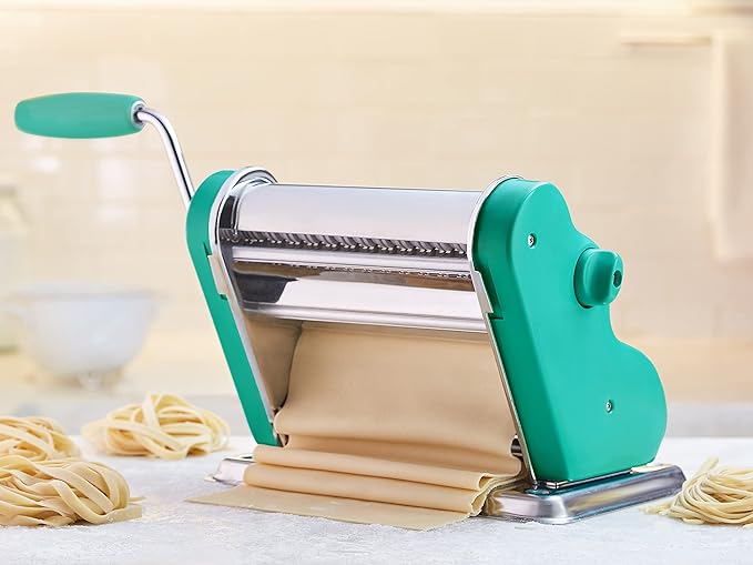 PASTALINDAClassic 200 Pasta Maker Machine, 20 cm Wide Rollers, 9 Thickness Positions, 2 Cutting Positions, Stainless Steel. Includes Reinforced Hand Crank And Two Clamps (Green)