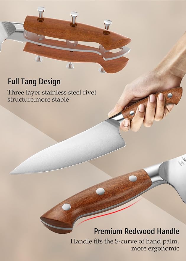 HEZHEN 8-Piece Chef Knife Set with Block and Sharpener, Razor-Sharp, German DIN 1.4116 Steel, Includes Chef, Santoku,Slicing, Utility, Paring Knives and Kitchen Shears