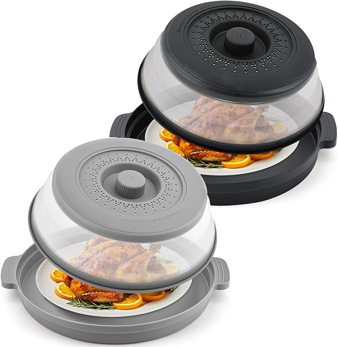 Microwave Food Splatter Cover & Anti-scald Base Mat,Large Plastic & Silicone Vented Avoid Scalding Collapsible Guard Lid, Plate Holder & Kitchen Colander for Meal Prep-10.7 Inch (2pcs-Gray-Black)