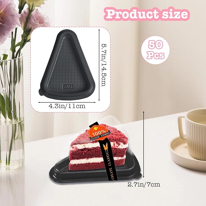 Cake Slice Container, 50 Pack Clear Plastic Cake Containers Cheesecake Container Pie Slice Box, Individual Pie Slice Box Disposable Cheesecake Containers For Pies Snack Dessert(Black)