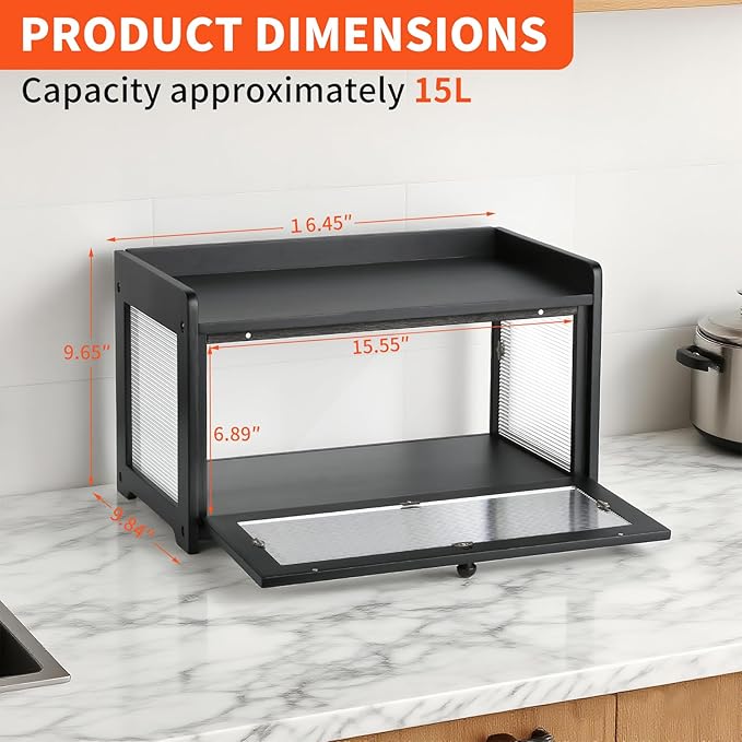 Bread Box for Kitchen Countertop - Wooden Bread Box for Homemade Bread,Large Capacity Bread Storage Container for Kitchen Counter,Easy Assembly & No Smell Bread Holder for Corner,Cabinet,Pantry(Black)