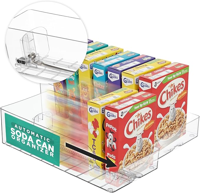 Automatic Food Storage Organizer - Clear Pantry Organizer with Automatic Dispenser for Refrigerator - Drink & Food Holder for Fridge - Organizing Rack Kitchen & Pantry (Large) (1-Pack)