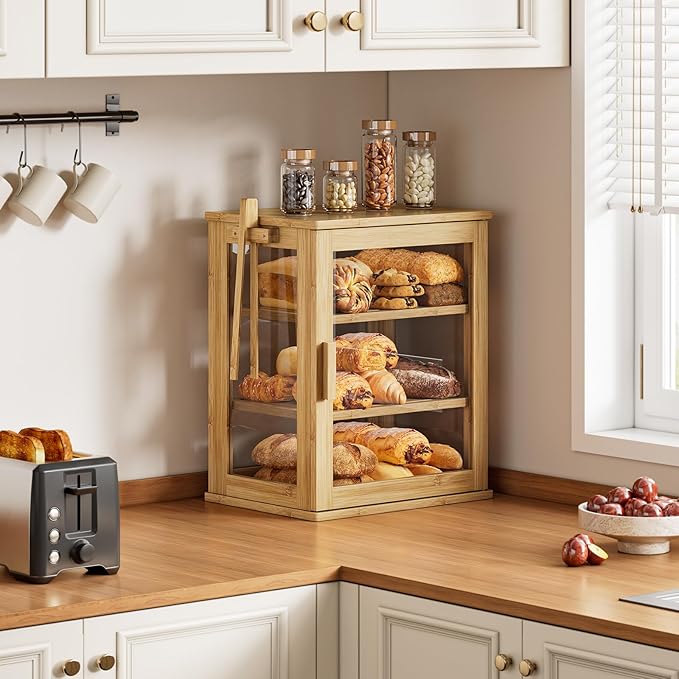 WOWLIVE Bamboo Bread Box for Kitchen Countertop, Large 3 Layers Bread Storage Container for Homemade Bread with Window, Farmhouse Breadbox Organizer for Kitchen, Cabinet, Pantry (Natural, Meduim)