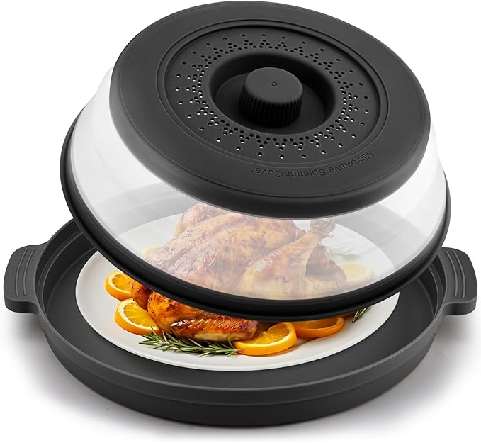 Microwave Food Splatter Cover & Base Mat,10.5 Inch Large Plastic & Silicone Vented Collapsible Guard Lid, Plate Holder & Kitchen Colander for Meal (Black)