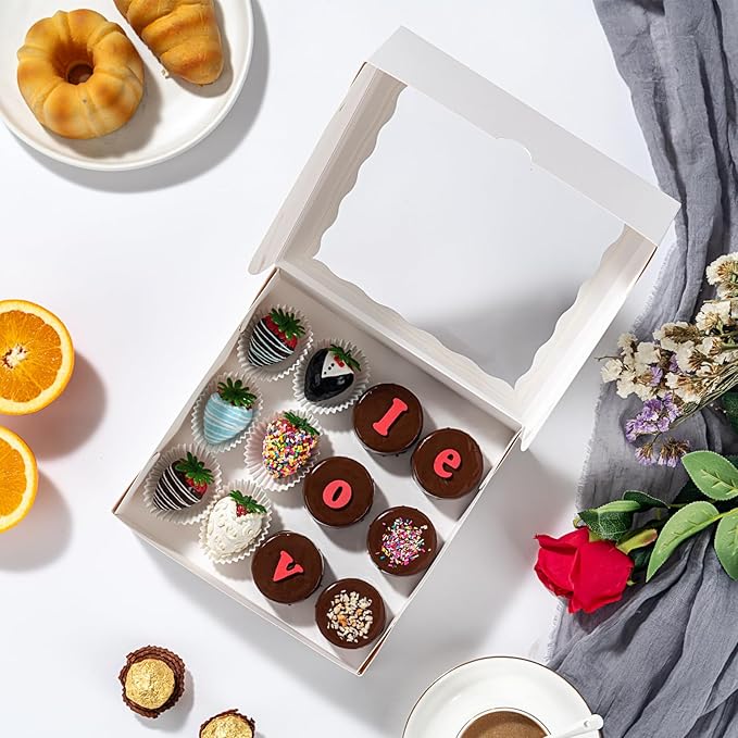 50pcs 8x8x2 Inch White Bakery Boxes with Window - Perfect for Cookies, Chocolate Covered Strawberries, Pretzels, Cakesicles & More
