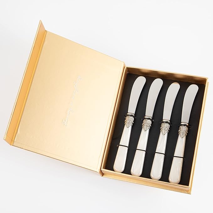 REVERIE Collection 4-piece Stainless Steel Butter Spreader Cheese Knife, Giftable Butter Knives set, Bread Knife set (White Handle)