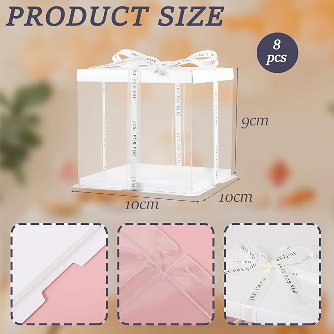 8 Packs Tall Cake Boxes with Ribbon ,10x10x9 inches Bakery Boxes ,White Multi-Layer Cake Containers for Birthday,Wedding,Halloween(White, 10*10*9inch/8pcs)