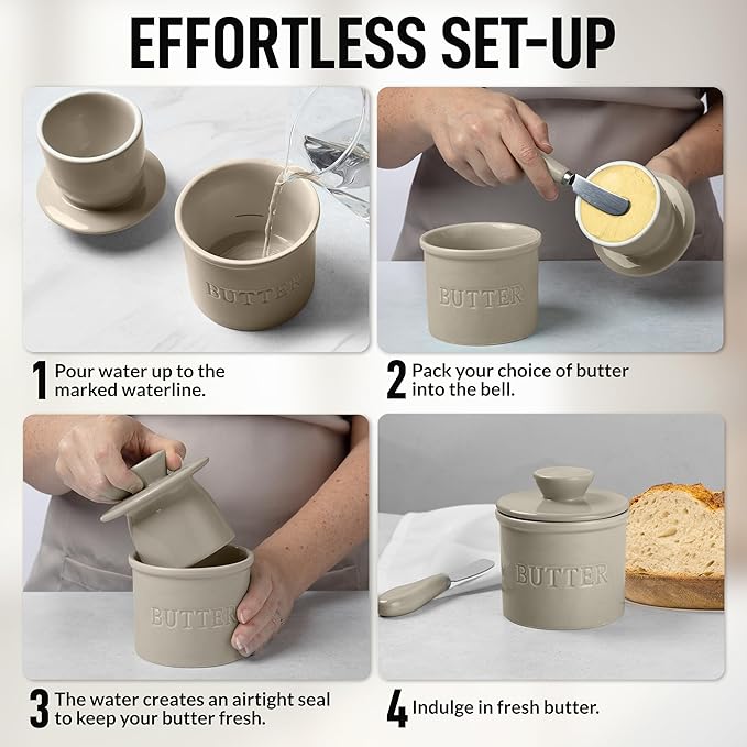 Zulay Kitchen Butter Crock With Lid & Spreader Knife for Countertop - Ceramic French Butter Dish Keeper For Fresh & Spreadable Butter - Stone Gray