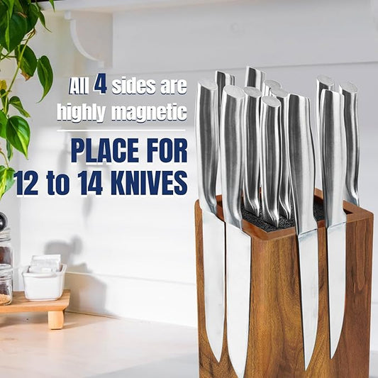 Dmore magnetic knife block without knives, 360° rotatable magnet knife holder stand made of fine acacia wood, Extra Large capacity knife storage for knives and utensils for kitchen counter top