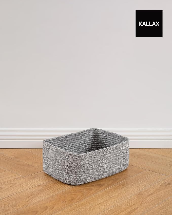 Small Woven Basket, 13.5 x 9.5 x 5 Inches, Storage Basket for Organizing, Cute Small Rope Shelf Closet Cube Storage Bins Baskets for Shelves, Dog Toy Gift Baskets Empty, 3 Packs, Mixed Grey