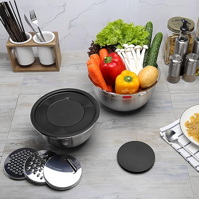 Mixing Bowls with Lids Set of 3,Stainless Steel Mixing Bowls with 3 Grater Attachments,Metal Nesting Salad Bowl for Cooking,Prepping, Serving Food,Stackable Design,Size 4.5/2.5/1.5 QT (Black)