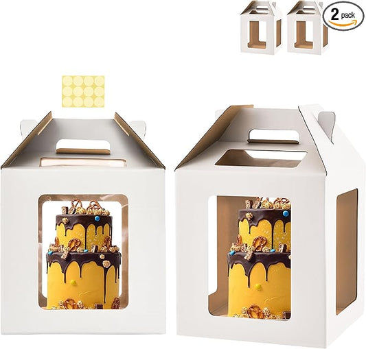 Tall Cake Boxes 6 Windows with handle,12x12x12 Tall Cake Carrier, Tiered Cake Box, Square cake box,largeTake Out Transport Containers Ideal for 10" & 12" Tiered Cakes (2Pack-White)