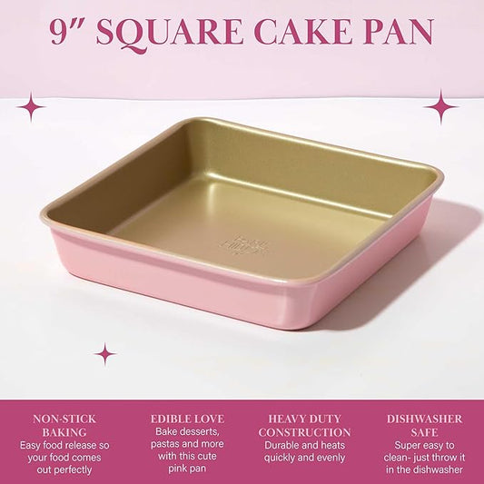 Paris Hilton Nonstick Carbon Steel Bakeware Collection, 9-Inch Square Cake Pan, Dishwasher Safe, Made without PFOA and PFAS, Pink Champagne Two-Tone