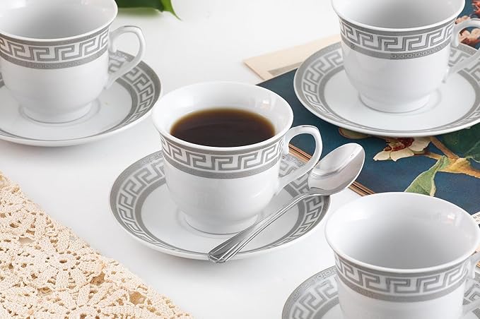 Luxurious Porcelain Tea Set - 8 Piece Vintage Tea Party Set - White with Silver Greek Key Design - 5.5 Inch Saucers, 6.5 oz Cups - For Every Day Use or Formal Occasions (Meander Silver 3008, 8 Piece)