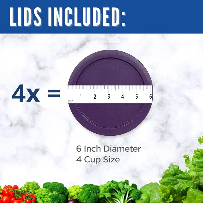 Replacement Lids for Pyrex 4-Cup Glass Food Storage Container Bowls, 6-Inch Plastic Round Lids Covers fits Pyrex 7201-PC, Airtight & Leakproof (4-Pack, Purple)
