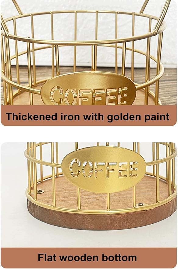 Coffee Pod Holder for Counter, K Cup Holders Coffee Pods Storage Organizer,Coffee Bar Basket with Wooden Base for Kitchen Office Desktop (Gold)