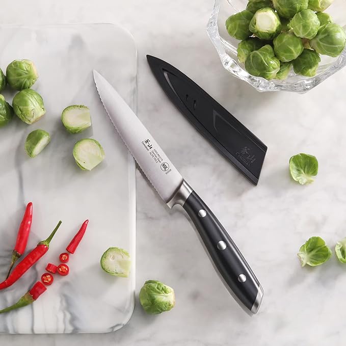 Cangshan ALPS Series 502759 German Steel Forged 5-inch Serrated Utility Knife with Sheath, Black