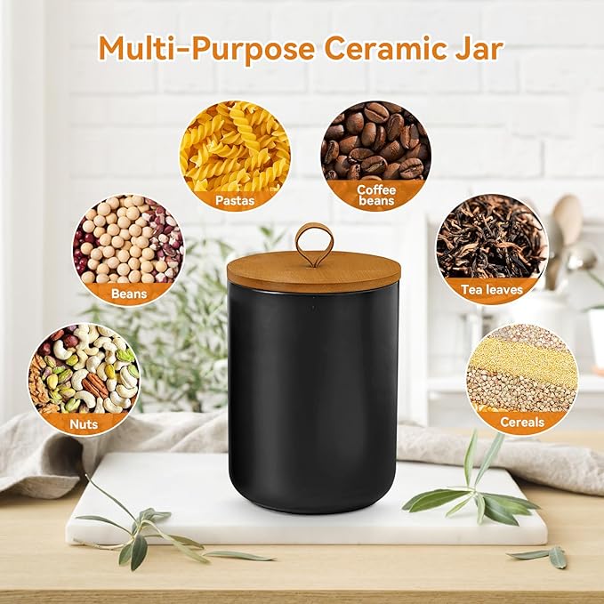 Canister Sets for Kitchen,Ceramic Kitchen Canisters for Countertop with Airtight Wood Lids for Serving Ground Coffee, Tea, Spice, Grains, Sugar, Salt (Black Pack of 3 (8.7/27/44 Oz))