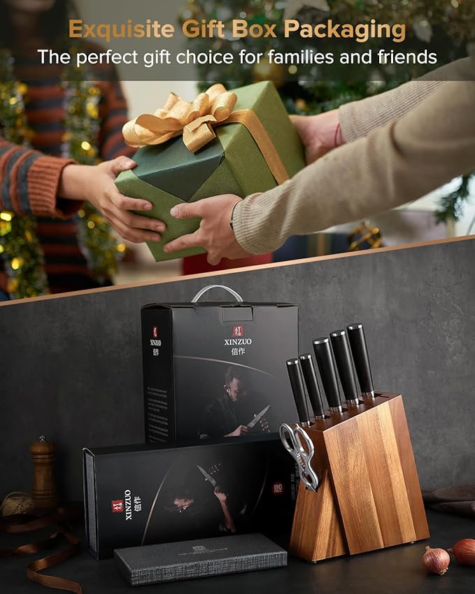 XINZUO Damascus 7-Piece Kitchen Chef Knife Block Set,Professional Sharp Cutting Knife Set with Block,Pakkawood Handle,Chef Gift Box