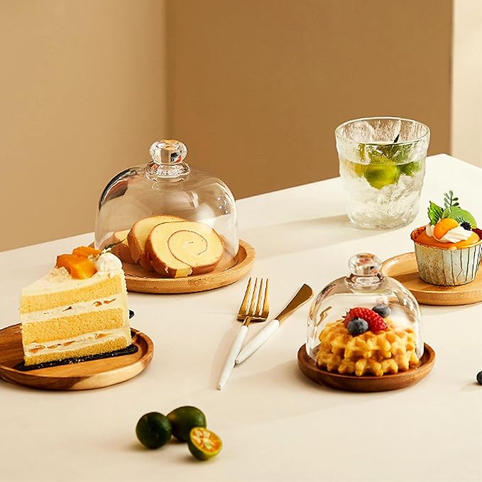 Mini Glass Butter Dish with Lid, Clear Domed Cheese Dish with Handle, Individual Serving Small Butter Tray with Cover, Round Cute Dessert Serving Bowl for Table, Kitchen Countertop, Refrigerator