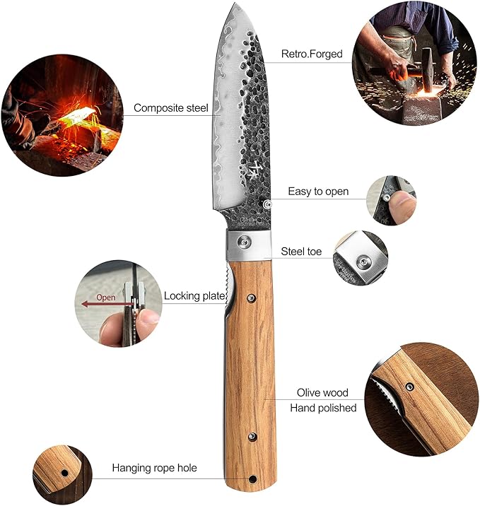 SENBON 440A Forged Stainless Steel pocket folding peeling utility knife Natural Olive Handle Camping trip Outdoor Portable Fruit knife