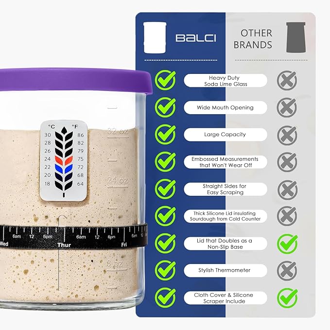 Premium Sourdough Starter Jar - 40oz Large Sourdough Jar with Marked Feeding Band, Thermometer, Scraper, Cloth Cover and Silicone Lid/Base, Wide Mouth Starter Kit - Purple