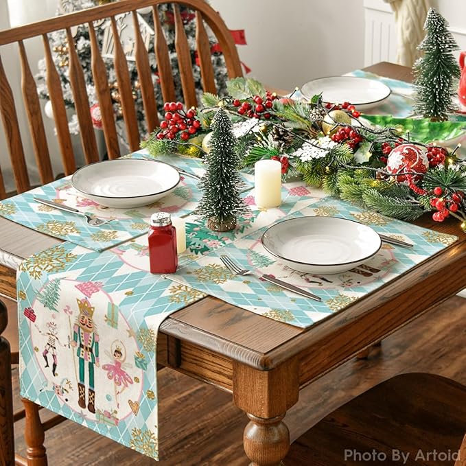 Blue Diamond Plaid Nutcracker Christmas Placemats Set of 4, 12x18 Inch