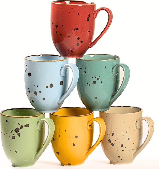 Coffee Mugs Set Of 6, 14 Oz Large Handle Heavy Duty Cups - Microwave Dishwasher Safe - Latte, Cappuccino, Tea, Cocoa, Mocha - Men, Women, Home Office Daily Use, Vivid Assorted Colors