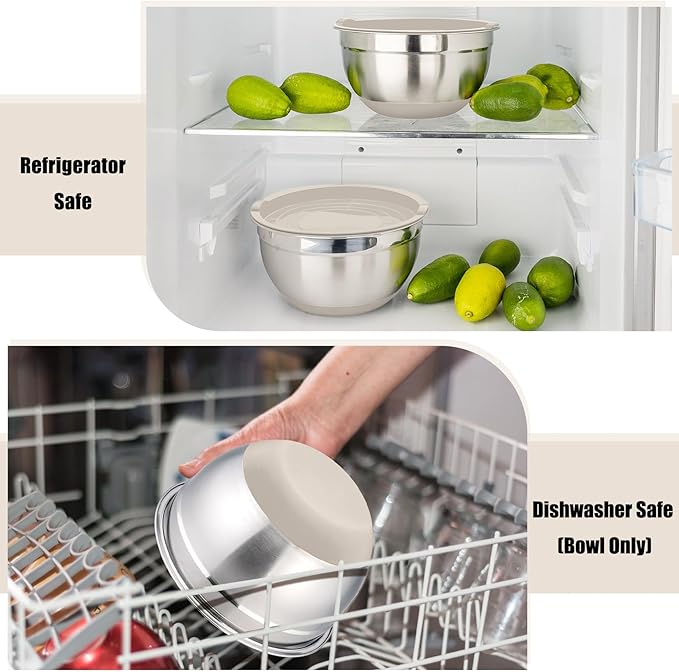 P&P CHEF Mixing Bowls With Lids, Set of 6, Stainless Steel Nesting Mixing Bowls & Fitting Lids & Non-Slip Silicone Bottom, Ideal for Mixing, Storing, Size 0.7/1/1.5/2.5/3/4.6 Qt, Khaki