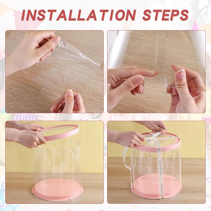 6Pcs Clear Pink Cake Boxes with Ribbon 8.5*9.5inch Round Transparent Cake Containers Tall Tiered Bakery Box 7inch and 6inch Cake Carrier Packaging Boxes for Birthday Party (Pink, Round 8.5inch/6pcs)