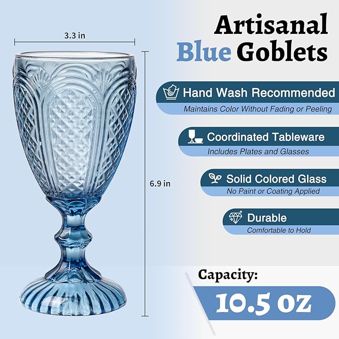 Blue Wine Glasses set of 6,Blue glass goblets made from Solid glass colors, vintage color glassware, drinking glasses for Engagement,Wedding, Birthday 10.5 OZ colored wine glasses