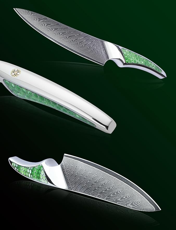 5 inch Utility Knife, Japanese VG-10 Damascus Steel Kitchen Knife, Ultra Sharp Fruit Knife with Full-tang Handle in Green Resin, LA-S9 Series