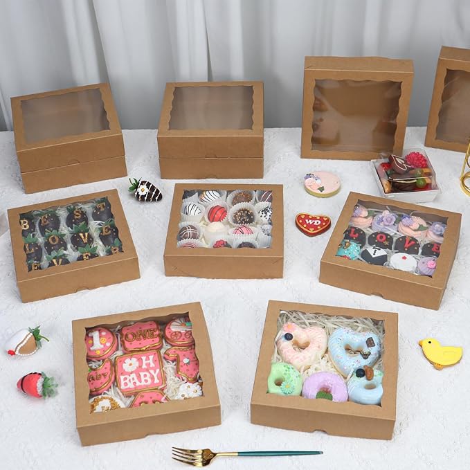 15pcs 8x8x2 Inches Brown Bakery Boxes with Window - Perfect for Cookies, Chocolate Covered Strawberries, Cakesicles & More