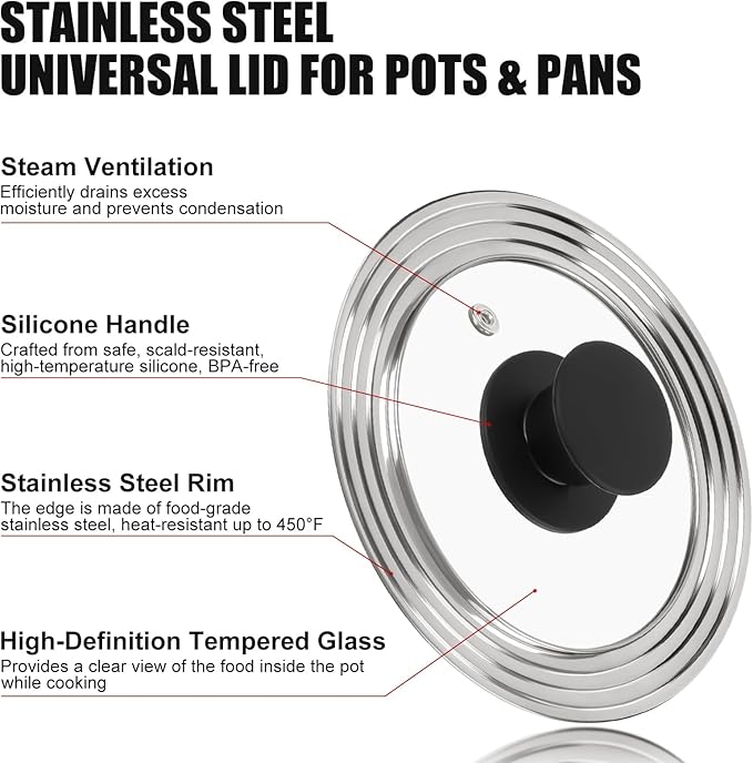 Universal Lid for Pots, Pans and Skillets, Fits 6.5, 7 and 8 Inch Cookware, Replacement Frying Pan Cover with Tempered Glass Top, Stainless Steel Cast Iron Skillet Lids - Heat Resistant Handle