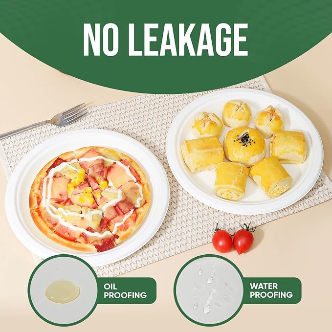 9 Inch Paper Plates 100 Pack - 100% Compostable Dinnerware | Leak & Grease Resistant Disposable Plates for Parties, Microwavable, Bulk Eco-Friendly - White